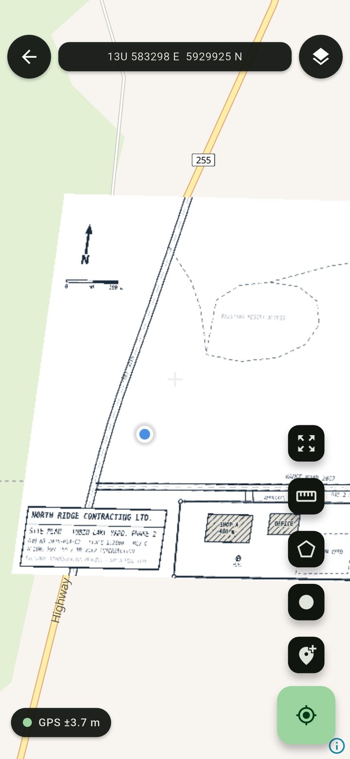 MapPak showing a georeferenced site plan over the offline topo basemap with live GPS position